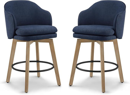 Counter Height Barstools 26 inch Upholstered Swivel Bar Stools with Back and Wood Legs for Kitchen Island,Set of 2,Blue Fabric