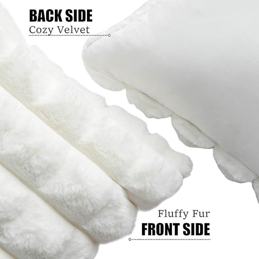 Neelvin Cream White Faux Fur Cozy Soft Plaid Decorative Throw Pillow Covers 18x18 inch Set of 2,Velvet Pillowcase Cushion Case for Sofa Couch
