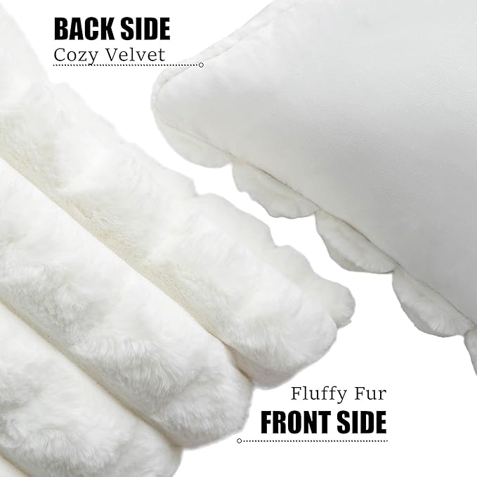 Neelvin Cream White Faux Fur Cozy Soft Plaid Decorative Throw Pillow Covers 26x26 inch Set of 2,Velvet Pillowcase Cushion Case for Sofa Couch