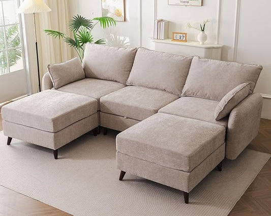 104'' Modular Sectional Sofa with All Seats Storage, Oversized U Shaped Couch for Living Room,3-Seater Comfy Cloud Couches with Movable Ottoman,Big Sectional for Bedroom,Velet,Khaki
