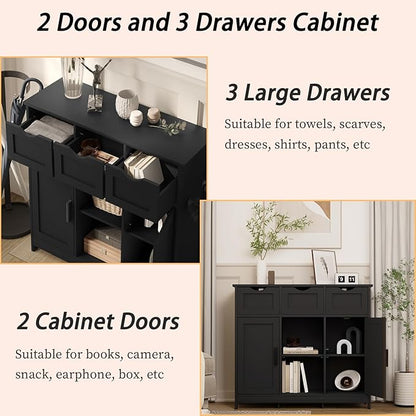Sideboard Floor Storage Cabinet - Wooden Storage Organizer with 2 Doors and 3 Drawers, Free Standing Accent Buffet Cabinet with Adjustable Shelves for Living Room, Bedroom.Bathroom (Black)