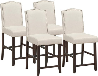 COSTWAY Bar Stools Set of 4, 25'' Upholstered Counter Height Bar Stools with S-Shaped Spring Thick Cushion, Rubber Wood Legs, High Back Leisure Chairs for Living, Kitchen, Dining Room (Beige, 4)