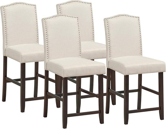 COSTWAY Bar Stools Set of 4, 25'' Upholstered Counter Height Bar Stools with S-Shaped Spring Thick Cushion, Rubber Wood Legs, High Back Leisure Chairs for Living, Kitchen, Dining Room (Beige, 4)