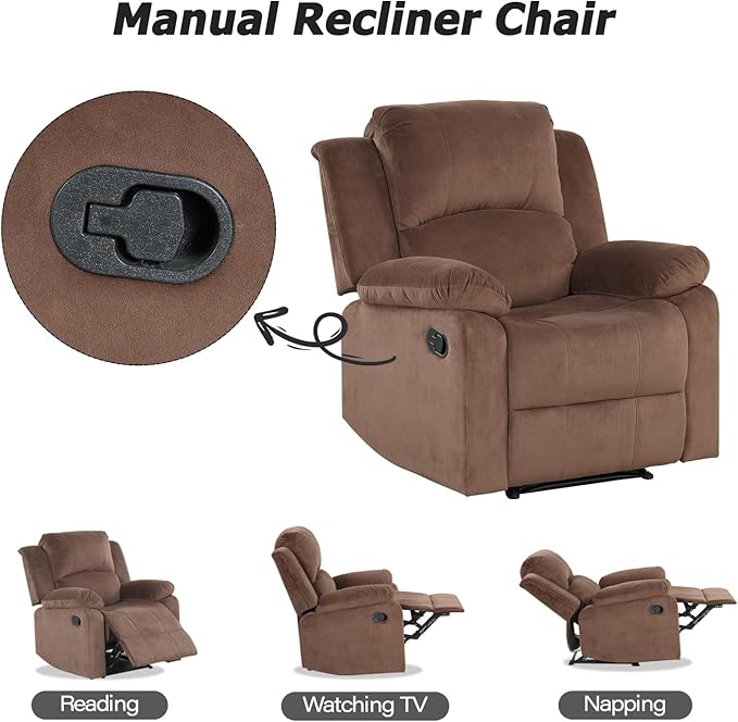 CANMOV Manual Recliner Chair Set of 2, Soft Fabric Overstuffed Recliner Single Sofa Chair for Living Room Bedroom, Heavy Duty and Safety Reclining Mechanism, Light Brown