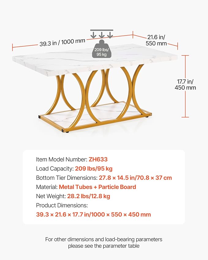 VEVOR Coffee Table, Modern Faux Marble Coffee Table, 2-Tier Rectangle Center Desk with Geometric Legs, Minimalist Sturdy Metal Frame Accent End Desk for Living Room, Office, Easy Assembly, White