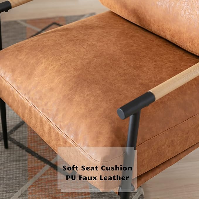 HEAH-YO Modern Accent Chair Set of 1, PU Faux Leather Living Room Chair with Backrests and Metal Legs, Comfy Reading Side Armchair for Bedroom, Brown