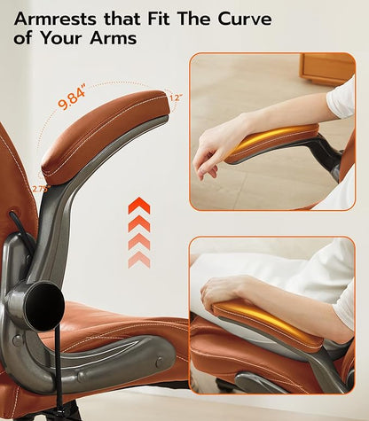 Office Desk Chair, Ergonomic Computer Chair with Padded Flip-Up Arms and Adjustable Lumbar Support, PU Leather Executive Chair with Tilt Lock and 360° Swivel Rolling Wheels for Work, Study