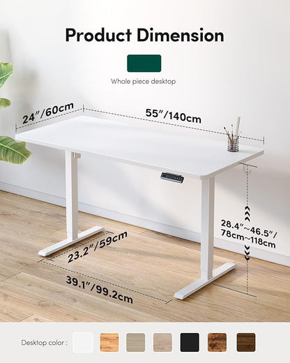 FEZIBO One-Piece Standing Desk Adjustable Height Stand up Home Office Desk, 55x24 Inch Electric Standing Computer Desk, with 4 Memory Presets, Headphone Hook, White