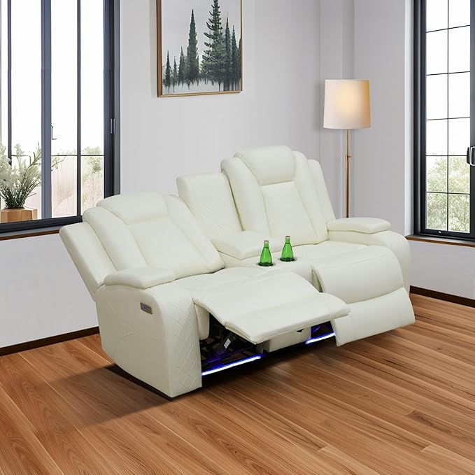 Power Recliner Sofa Set with LED, Creamy White Leather Reclining Living Room Couch, Muti-Functional Recliner Leather Sofa Set with Storage Console/Cup Holders/USB Ports