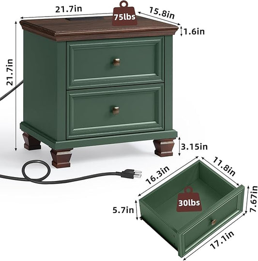 Farmhouse Nightstand with Charging Station, Rustic Low Night Stand with 2 Drawers, Mid-century Modern End Table with 4 Square Solid Wood Legs, Small Vintage Dresser for Bedroom, Home, Green