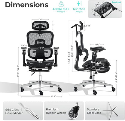 Ergonomic Office Chair with 9D Arms,Adjustable Seat Depth,3D Lumbar Support,135° Recline,3D Headrest & Footrest,Mesh Computer Desk Chair - Ultimate Comfort for Home & Executive Office Black