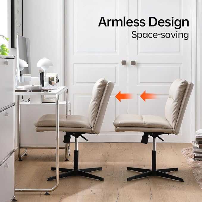 EMIAH Armless Office Desk Chair No Wheels PU-Padded Vanity Mid-Back Ergonomic Home Computer Comfortable Adjustable Swivel Task Chair with Thickened Cushion