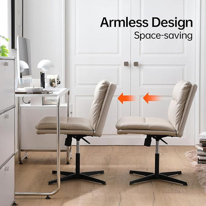 EMIAH Armless Office Desk Chair No Wheels PU-Padded Vanity Mid-Back Ergonomic Home Computer Comfortable Adjustable Swivel Task Chair with Thickened Cushion