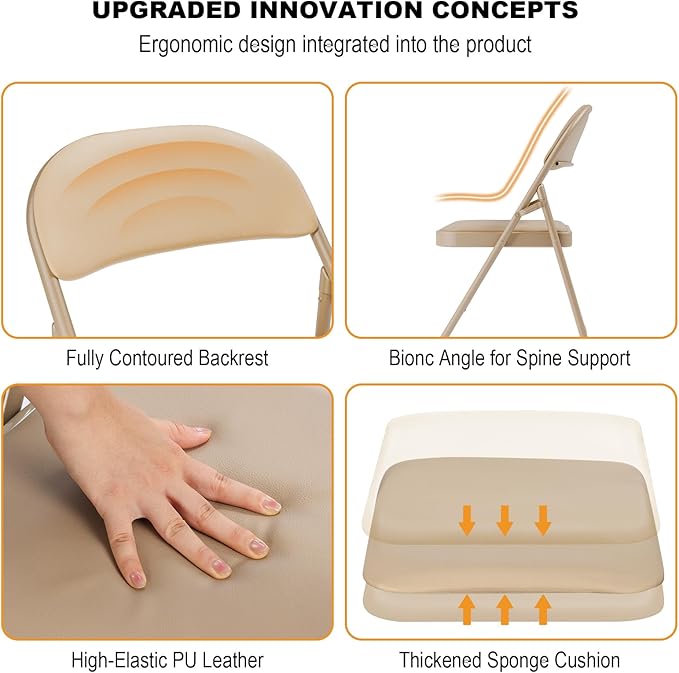 12 Pack Khaki Folding Chairs with Padded Cushion for Outside, Portable Stackable Commercial Metal Foldable Chairs with Steel Frame for Home Events Office Wedding Party, 350lbs Capacity