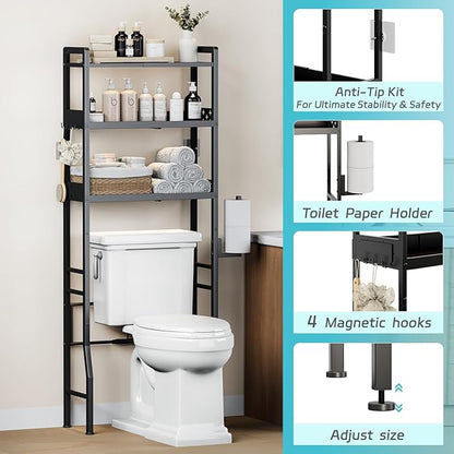 Over The Toilet Storage, 3-Tier Metal Over Toilet Bathroom Organizer Shelf with Adjustable Shelf with Toilet Paper Holder & Hooks Black