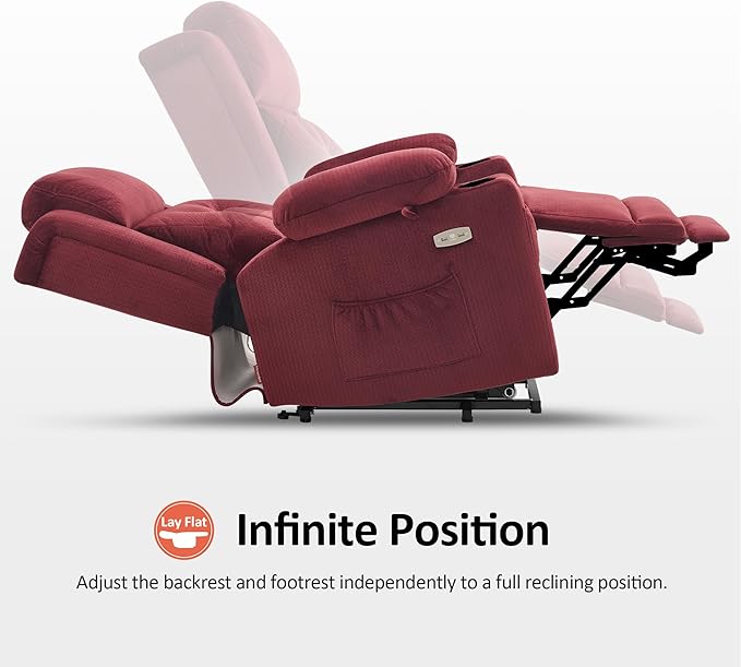 MCombo Medium Triple Motor Power Lift Recliner Chair with Massage and Heat for Elderly People, Adjustable Headrest, Infinite Position, USB Ports, Fabric 7661 (Burgundy, Medium)