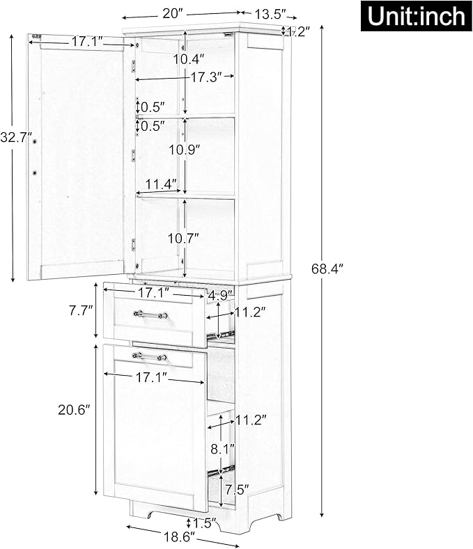 Tall Bathroom Storage Cabinet, Freestanding Storage Cabinet with 1 Door, 2 Different Size Drawers for Bathroom Living Room (Black)