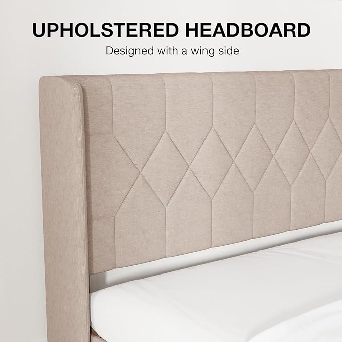 Novilla Queen Size Bed Frame, Queen Bed Frame with Headboard, Linen Upholstered Pull-Point Wing Side Headboard, No Box Spring Needed, Heavy Duty Feet, Easy Assembly, Beige