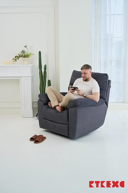 Reclining Sofa Rocking Recliner Chair Manual Adjustable 360 Swivel with Ergonomics Overstuffed Lumbar Arm Support Natural Fabric Surface Made for Living Room, Bedroom, Nursery, Dark Grey