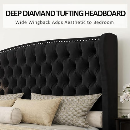 AMERLIFE California King Size Platform Bed Frame, Velvet Upholstered Bed with Deep Button Tufted & Nailhead Trim Wingback Headboard/No Box Spring Needed,Black