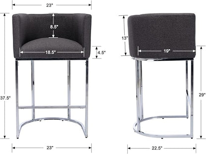 Bar Stools 29" Counter Height Bar Stools Upholstered Fabric Barstool Modern Barrel Counter Stool Kitchen Counter Island Stools with Chrome Metal Base, Charcoal