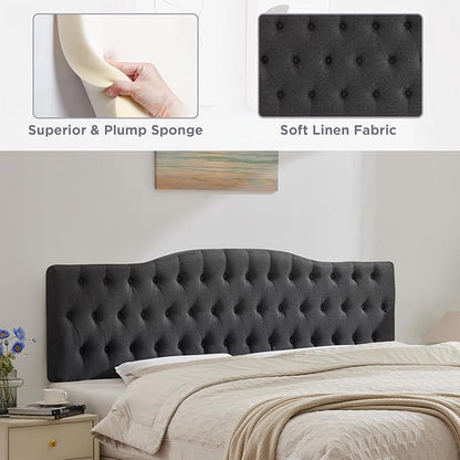 Upholstered Queen Headboard, Button Diamond Tufted Headboard with Adjustable Height and Solid Wood Leg, Velvet Padded Headboards for Queen Size Bed, Modern Head Board, Dark Grey
