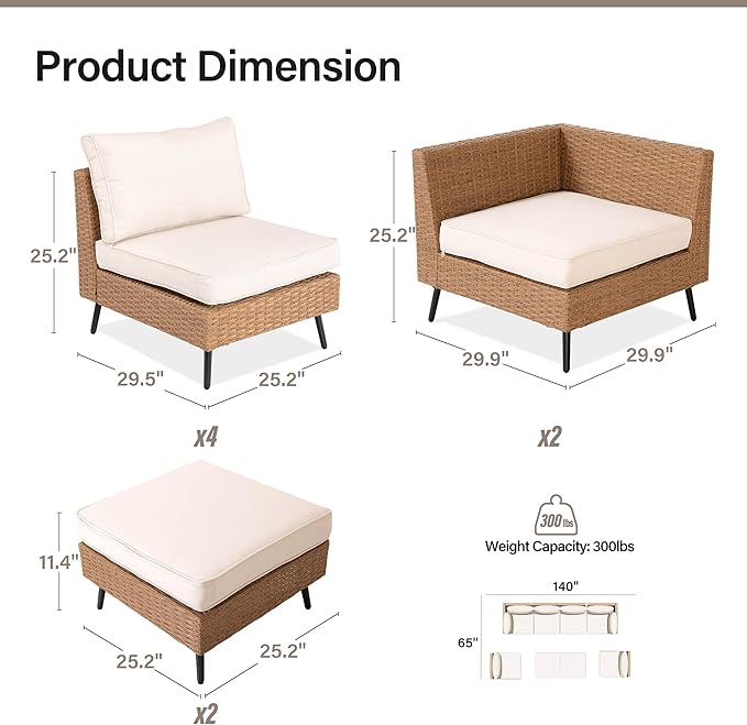 LAUSAINT HOME 9 Pieces Outdoor Patio Furniture Set with 43" Propane Gas Fire Pit Table, Outdoor Sectional Sofa PE Rattan Wicker Patio Conversation Sets with Thick Cushions(Beige