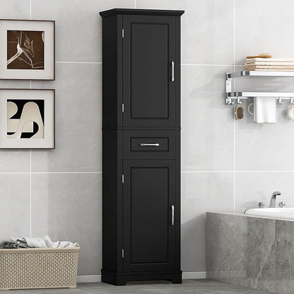 Bathroom Tall Storage Cabinet, Floor Freestanding Storage Cabinet with 2 Doors, One Drawer, Door Shelve Design, and Adjustable Shelf for Bathroom, Office, Multi-Use Organizer, Black