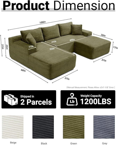 108 Inch Cloud Sectional Couch,Modern Modular Sectional Sofa with Deep Seat,Corduroy Boneless Couches with L-Shape Chaise for Living Room,No Assembly Required (Green, Left Facing Chaise + Ottoman)