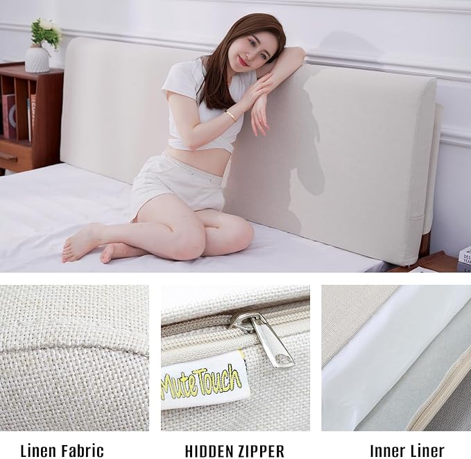 Upholstered Twin Headboard, No Tools Needed, Wall Mounted Headboard with Removeable Washable Linen, Multi-Functional Backrest (Beige)