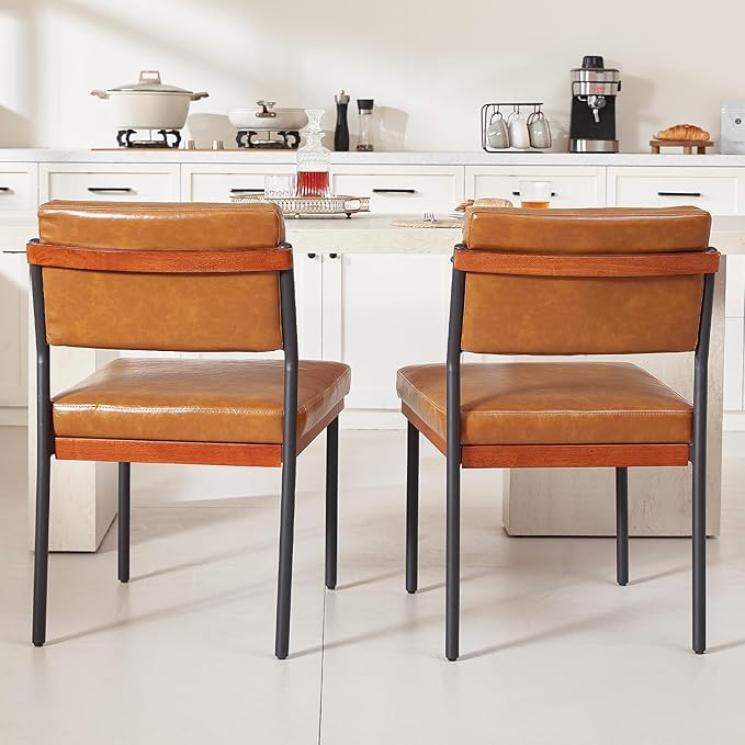 Modern Dining Chairs Set of 2, Kitchen Chairs with Thick Cushions and Adjustable Foot Pads, Upholstered Faux Leather Dining Room Chairs with Sturdy Metal Legs,Brown
