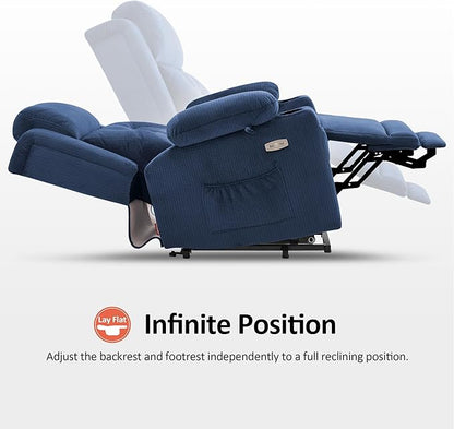 MCombo Medium Triple Motor Power Lift Recliner Chair with Massage and Heat for Elderly People, Adjustable Headrest, Infinite Position, USB Ports, Fabric 7661 (Navy Blue, Medium)
