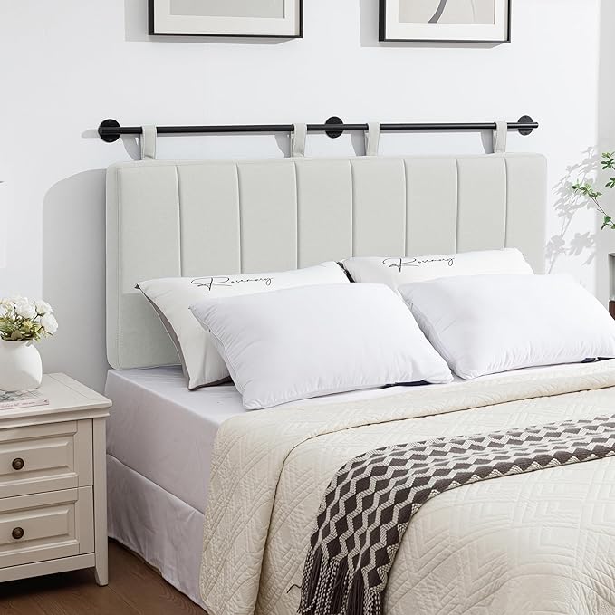 UEV King Headboard Only, Wall Mounted Hanging Upholstered Bed Head Board, Modern Vertical Channel Design of Fine Linen, Elegant Light Yellow Fluted Headboard for Bedroom (Light Yellow, Queen Size)