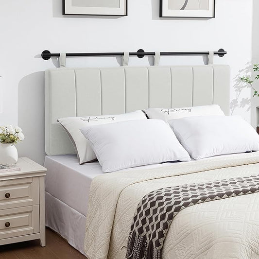 UEV King Headboard Only, Wall Mounted Hanging Upholstered Bed Head Board, Modern Vertical Channel Design of Fine Linen, Elegant Light Yellow Fluted Headboard for Bedroom (Light Yellow, Queen Size)