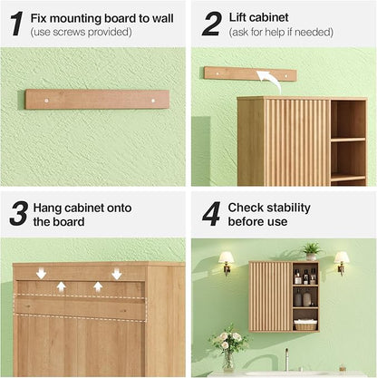 Fluted Bathroom Wall Cabinet, Small Medicine Wall Cabinet with Doors and Adjustable Shelves, Kitchen Wall Mounted Storage Cabinet, Floating Space Saver Over Toilet, Natural