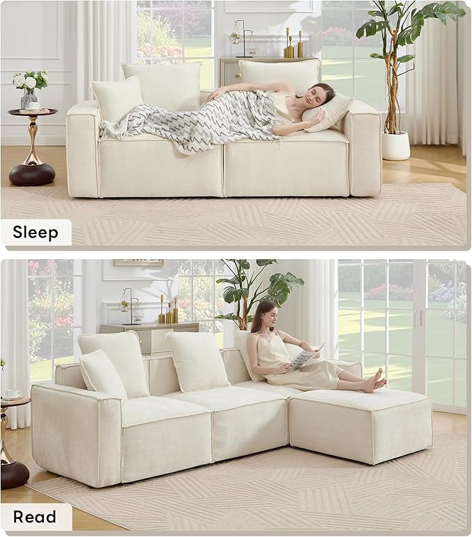 WILLOVE Modular Sectional Sofa Set, Chenille Cloud Couch with Wide Armrests & 8 Pillows, Deep Seat Couches for Living Room, 4-Seater Beige