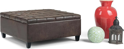 SIMPLIHOME Harrison Coffee Table Storage Ottoman - 36 inch Wide Upholstered Vegan Leather Square Lift-Top Ottoman in Distressed Brown, Transitional Ottoman for Living Room with Hidden Storage