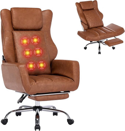 DYHOME Brown Leather Office Chair with Massage and Footrest, Heavy Duty Task Desk Chairs, Swivel Ergonomic Computer Gaming Chairs with Lumbar Support, Wheels Flip-up Arms Adjustable Height