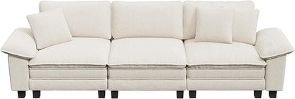 123" Cloud Modular Sectional Sofa, 3-Seater w/Deep Seat & Removable Arms, Plush Corduroy for Living Room - Beige