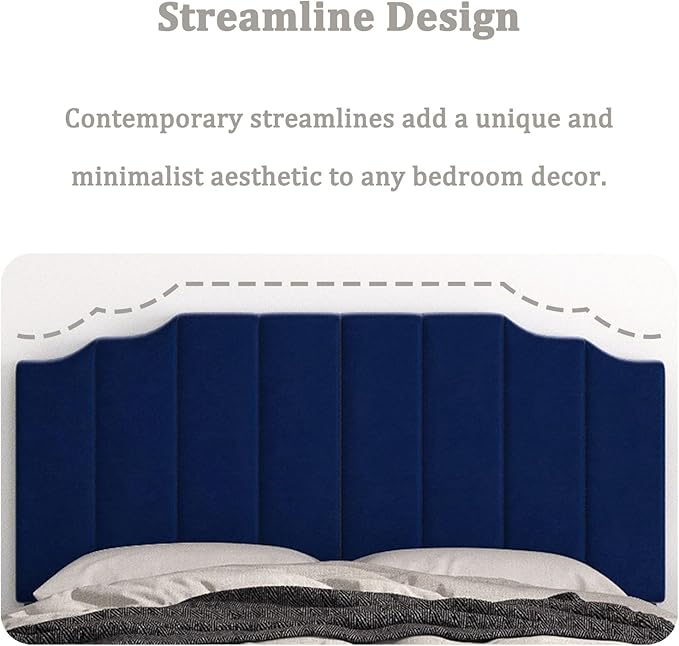 Queen Size Headboard Only, Velvet Wall Mounted Headboard Queen/Full Size for Adjustable Bed, Modern Vertical Channel Design with Curved Upholstered Head Board, Royal Blue