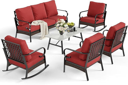 6 Piece Metal Outdoor Patio Furniture Set, Patio Conversation Set with Rocking Chair and 5.75" Thick Cushion & Coffee Tabl, Outdoor Seating Black Frame Backyard Furniture, Rust Red