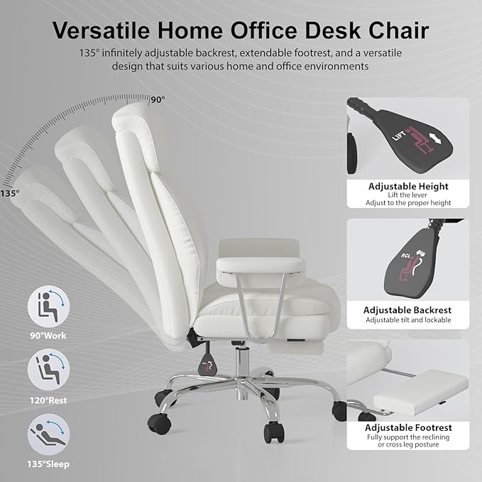 Big and Tall Office Chair, Executive Home Office Desk Chair, Comfy Leather High-Back Reclining Computer Chair with Retractable Footrest and Padded Arms, 360°Swivel Rolling Wheels, Wide Seat, White