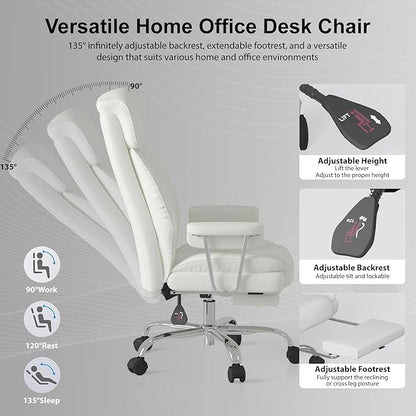 Big and Tall Office Chair, Executive Home Office Desk Chair, Comfy Leather High-Back Reclining Computer Chair with Retractable Footrest and Padded Arms, 360°Swivel Rolling Wheels, Wide Seat, White