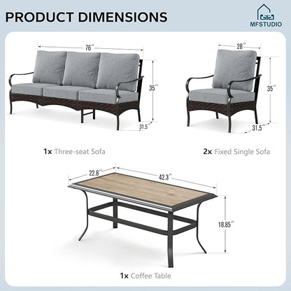 MFSTUDIO 4 Pieces Outdoor Patio Furniture Set, Metal Outdoor Conversation Set, Rattan Wicker Patio Sectional Sofa Set with 2 x Fixed Single Sofa, 3-Seat Sofa, 1 x Coffee Table, Grey