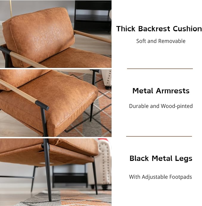 HEAH-YO Modern Accent Chair Set of 1, PU Faux Leather Living Room Chair with Backrests and Metal Legs, Comfy Reading Side Armchair for Bedroom, Brown