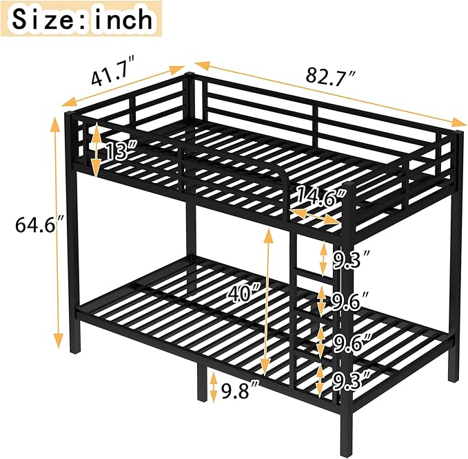Bellemave Twin XL Over Twin XL Bunk Bed for Adults, Heavy Duty Bunk Beds Frame with Build in Ladder and Full Length Guardrail, Easy Assemble Bunkbeds, Noise Reduced, Mattress Not Included, Black