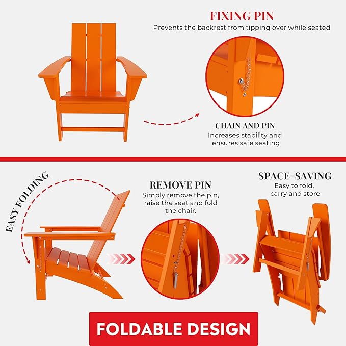 Costaelm Folding Adirondack Chairs, Outdoor Patio Adjustable Lawn Chairs, Weather Resistant Outside Firepit Chairs for Porch, Poolside, Garden, Backyard Deck, Orange
