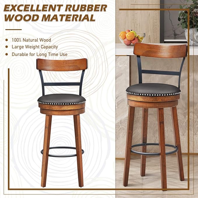 COSTWAY Bar Stools Set of 2, 360-Degree Swivel Stools with Leather Padded Seat, Single Slat Ladder Back & Solid Rubber Wood Legs, Bar Height Stools for Pub, Restaurant, Kitchen, Brown (2, 30.5)