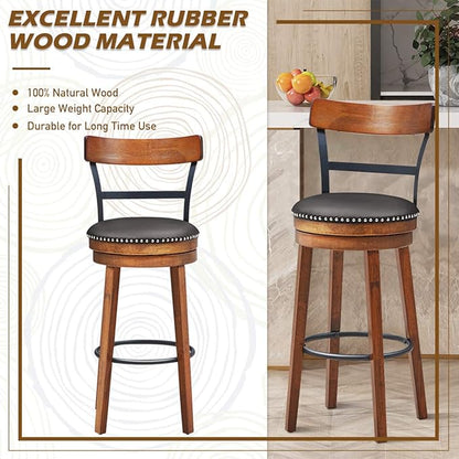 COSTWAY Bar Stools Set of 2, 360-Degree Swivel Stools with Leather Padded Seat, Single Slat Ladder Back & Solid Rubber Wood Legs, Bar Height Stools for Pub, Restaurant, Kitchen, Brown (2, 30.5)