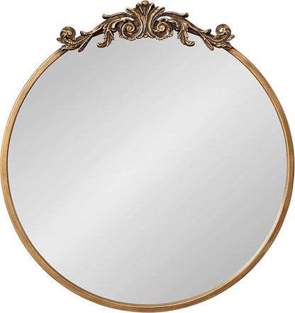 Kate and Laurel Arendahl Ornate Glam Round Mirror; 24 Inch Diameter; Gold; Dramatic Baroque Style Wall Mirror for Vintage Antique Inspired Home Decor Aesthetic